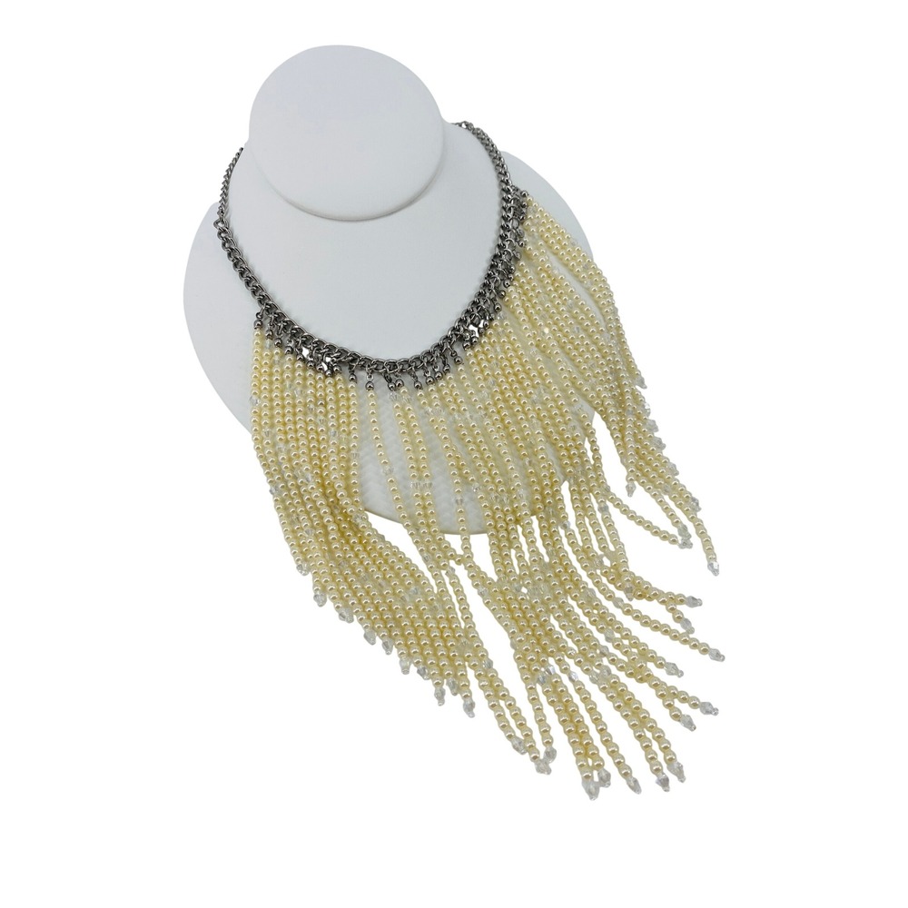 Faux Pearl Fringe Statement Necklace Womens OS Cream Gunmetal Chain